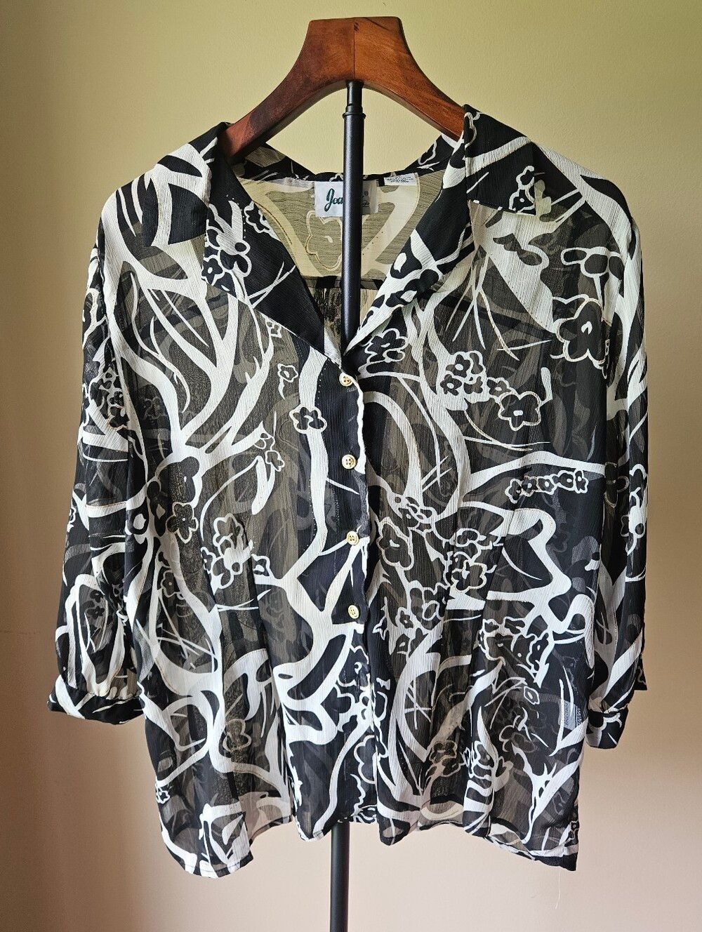 Joanna Sheer Black & White Floral Button-Up Blouse Size XL
